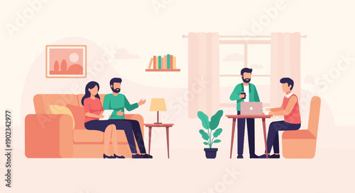 People conversing and working in a modern, light-filled room setting