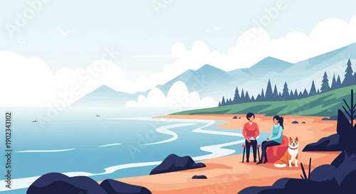 Peaceful coastal scene with mountains, a beach, and two people with a dog