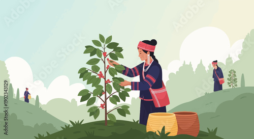 People harvesting red berries from a bush on a lush green hill