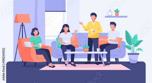 People gather in a living room, enjoying drinks and conversation