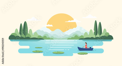 Peaceful lake scene with person rowing a boat at sunset