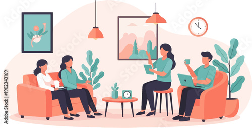 People gathered in a modern living room with art, plants, and soft lighting