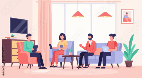 People gathered in a room, some working, others relaxing on furniture