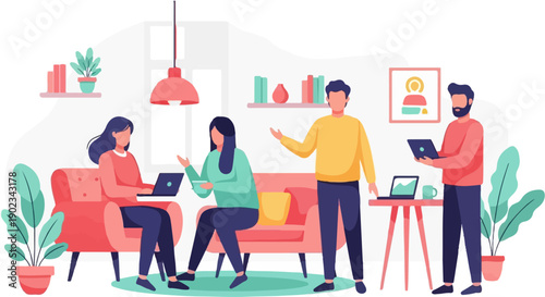 People gathered in a room working on laptops near plants and furniture