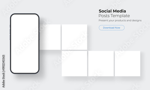 Smartphone mockup with blank social media post templates. Vector layout for presenting social media content, post design