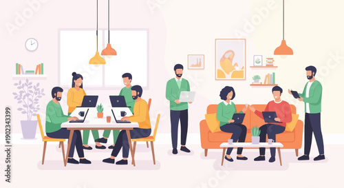 Modern office space with diverse individuals collaborating on laptops