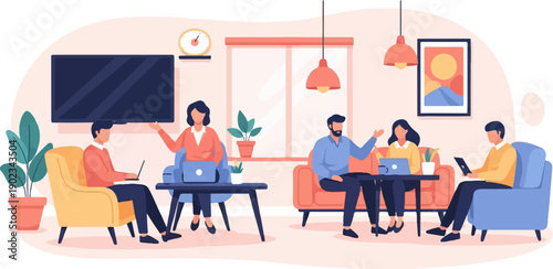 Modern office interior with people collaborating and using laptops