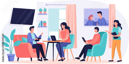 Modern office interior with people collaborating and using technology