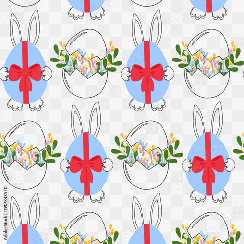 Hand drawn Crack Eggshell with flowers and Rabbit hiding behind Easter egg Easter Creative Backdrop. Vector illustration Easter Greetings Themed Backdrop Social media post, banner, leaflet, label, tag