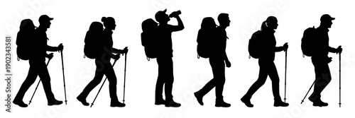 A collection of black silhouettes showing men and women hiking with backpacks and walking sticks while drinking water during a trip