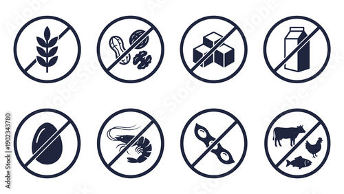 Collection of black and white circular icons representing common food allergies and dietary requirements for product labeling and restaurant menus