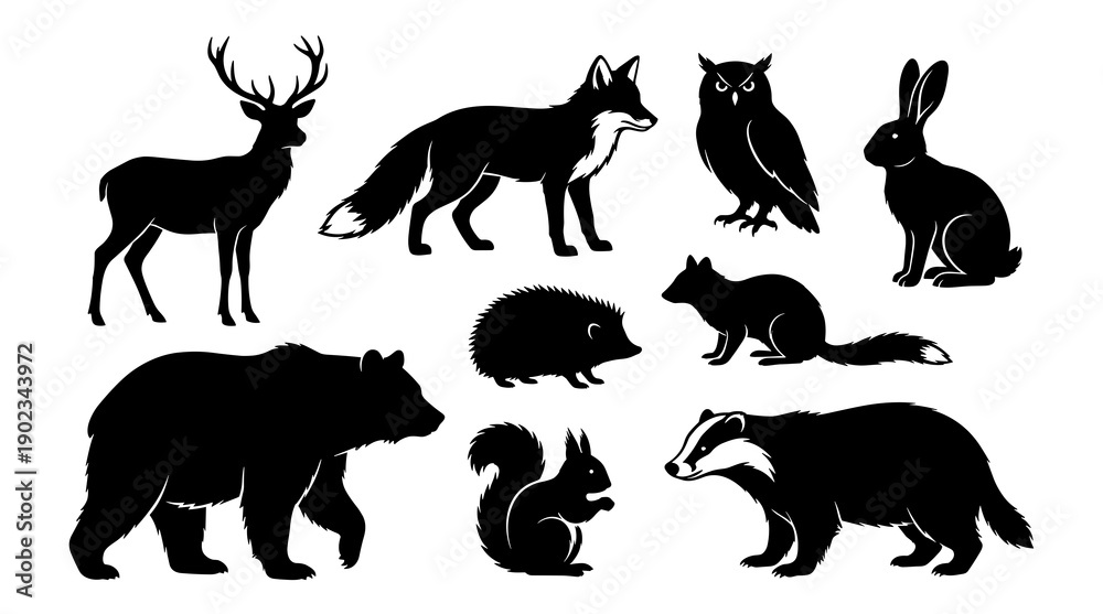 Obraz premium Collection of black woodland wildlife silhouettes featuring a bear deer fox owl rabbit squirrel badger hedgehog and marten for nature design