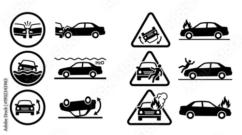 Collection of black and white pictograms representing various traffic accidents including head on collisions vehicle fires rollovers and water submersion