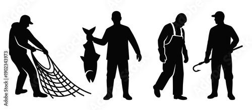 Collection of black silhouettes showing professional fishermen working with nets holding a big catch and carrying tools for commercial fishing industry