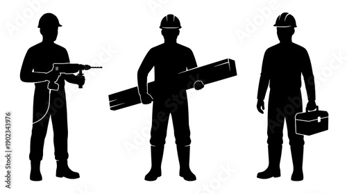 Set of three black silhouettes representing professional builders and laborers equipped with essential tools for site work and industrial projects