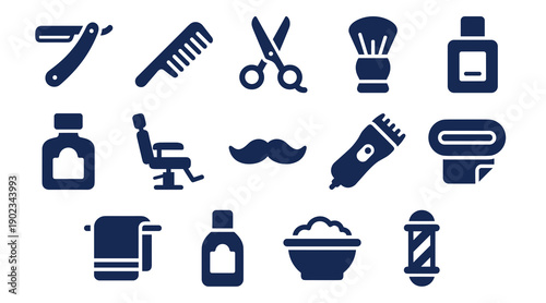 A collection of flat dark blue icons representing professional barber shop equipment including hair cutting tools shaving supplies and salon furniture