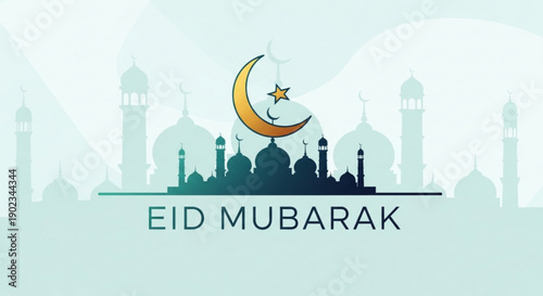 Eid mubarak greeting card with mosque silhouette and crescent moon