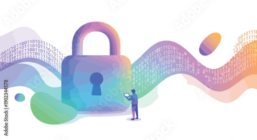 Digital security concept with a large padlock, abstract data waves, and a person interacting with a device, symbolizing online protection and privacy.