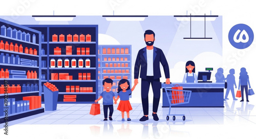 Father and kids shopping together in a modern supermarket with colorful products and a checkout counter