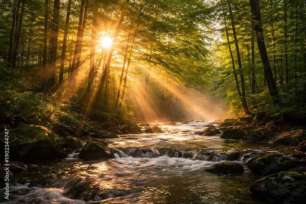 Obraz premium Sun shining through trees on river