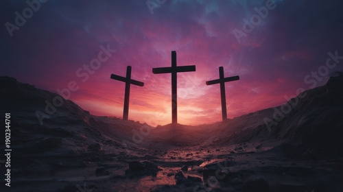 Three Crosses Silhouetted Against A Beautiful Vibrant Sunset Sky