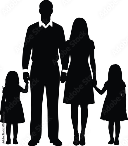 Happy family silhouette of father mother and two daughters holding hands, parents and children standing together, love and unity concept, isolated.