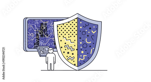 Digital security concept with IT professional safeguarding online data and network infrastructure. Cybersecurity shield protecting sensitive information and privacy.