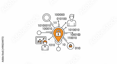 Digital data security concept showing a secure network connection with user information, binary code, and padlock icons, representing online privacy and cyber protection.