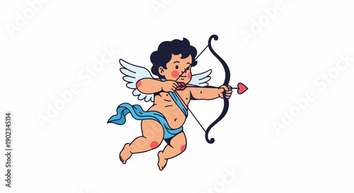 Flying Cupid with Bow and Arrow on White Background