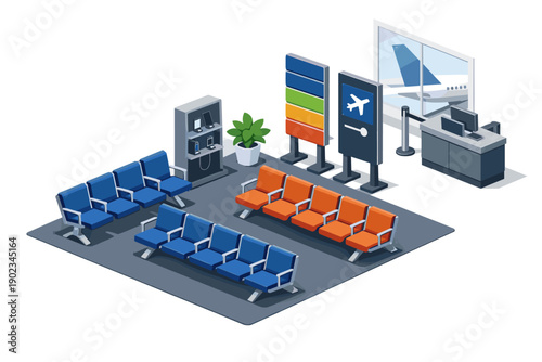 Modern airport waiting area with blue and orange seats, information displays, and airplane view