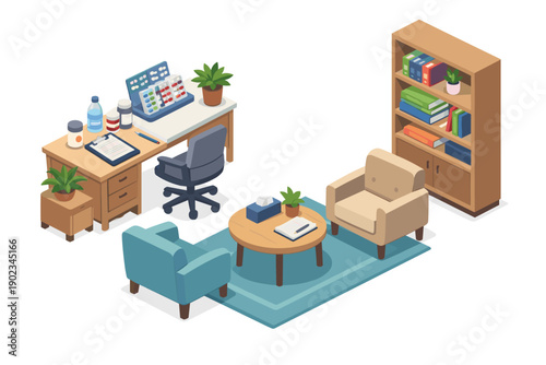 Cozy and professional therapy office with comfortable seating and a desk