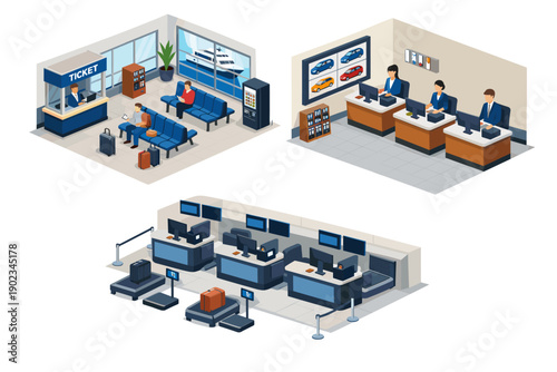 Isometric illustration of a transportation hub with ticket counter, waiting area, and check-in counters