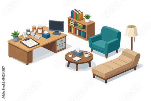 Therapy room setup with desk, couch, chairs, and bookshelf, isometric view