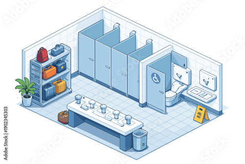 Isometric view of a public restroom with luggage storage and accessible stall