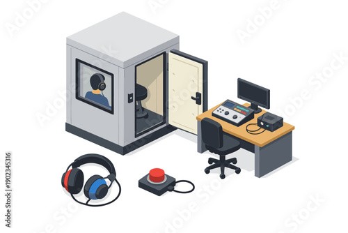 Soundproof booth and audio equipment for hearing tests and recording sessions