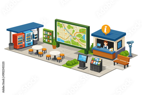Isometric illustration of a public rest stop with amenities and information services