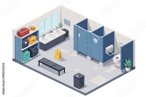 Isometric view of a modern public restroom with luggage storage and accessible facilities