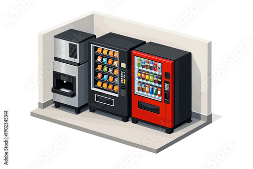 Three automated vending machines for snacks and drinks in a corner space