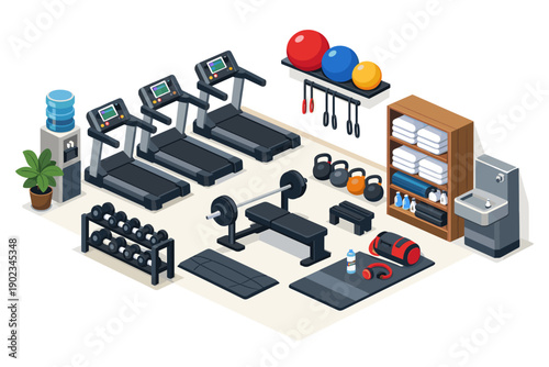 Isometric gym equipment collection with treadmills, weights, and yoga mats