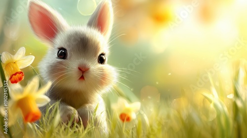 Adorable White Bunny Peeking Through Dazzling Daffodils In Sunny Field