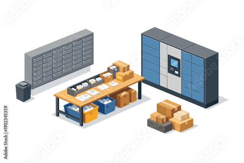 Isometric mailroom with parcel lockers, sorting desk and stacked boxes for ecommerce logistics