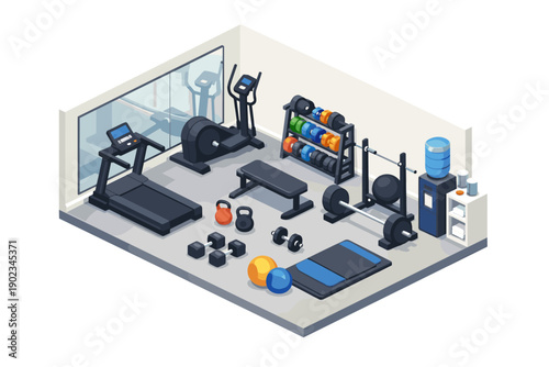 Isometric gym interior with cardio machines, free weights, and weightlifting equipment