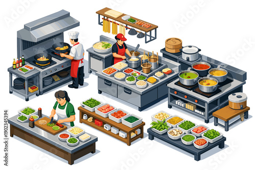 Busy commercial kitchen scene with chefs preparing food and ingredients displayed
