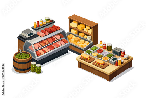 Isometric deli counter with meats, cheeses, olives, and sandwiches ready to be made