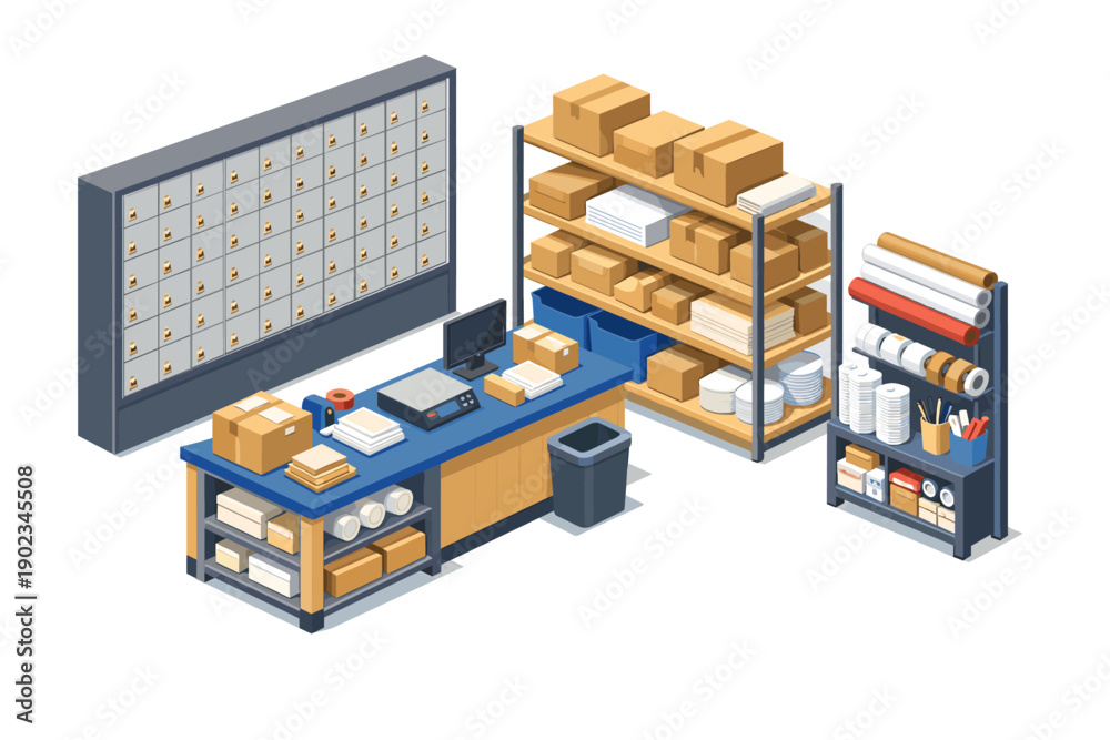 Obraz premium Isometric postal service counter with mailboxes, shelves, and shipping supplies