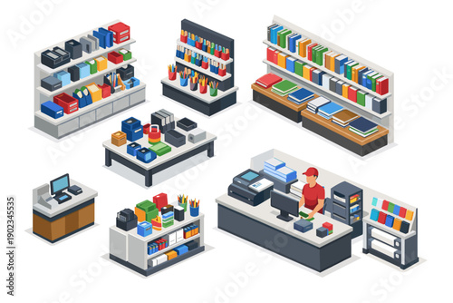 Isometric illustration of a retail store interior with shelves, displays, and a cashier counter