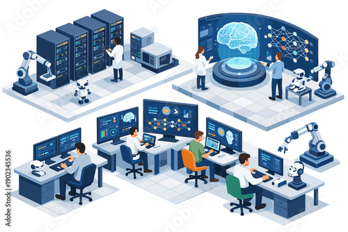 Isometric AI lab with scientists, engineers, robots and server racks collaborating on ML research
