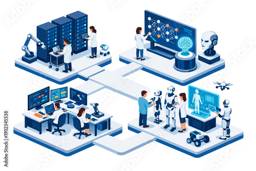 Futuristic technology research and development lab with robots and AI