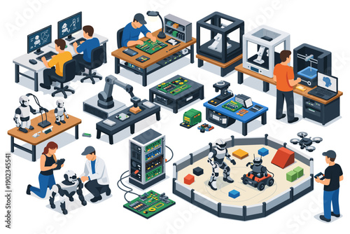 Robotics and AI development scene with people working on robots and computers