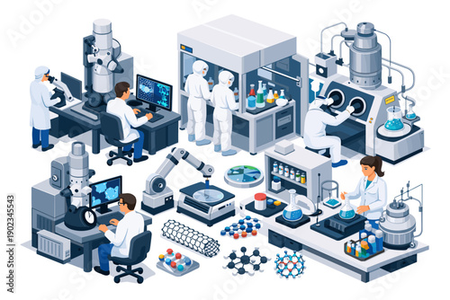 Modern laboratory scene with scientists conducting research and advanced scientific equipment